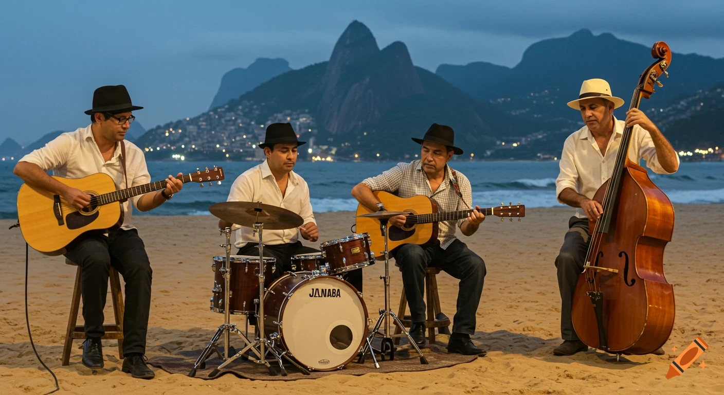 A band plays music on a beach at dusk with mountains in the background.