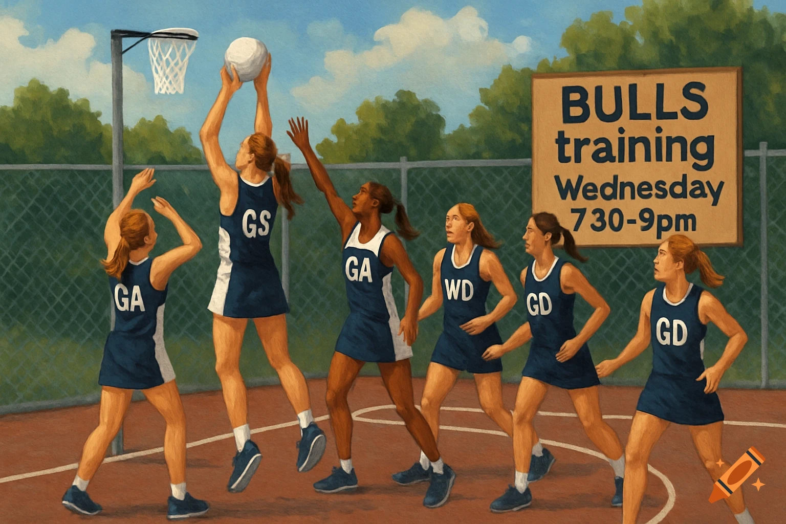 Painterly image of women playing netball on a court, some wearing bibs.