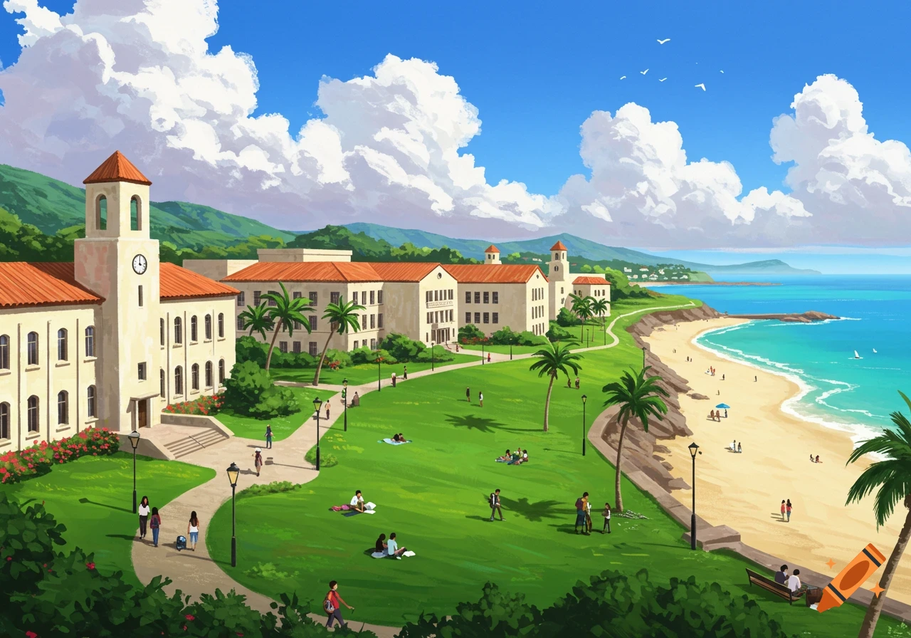 A painterly illustration of a university campus overlooking a sandy beach on a sunny day. People relax on the lawn and beach.