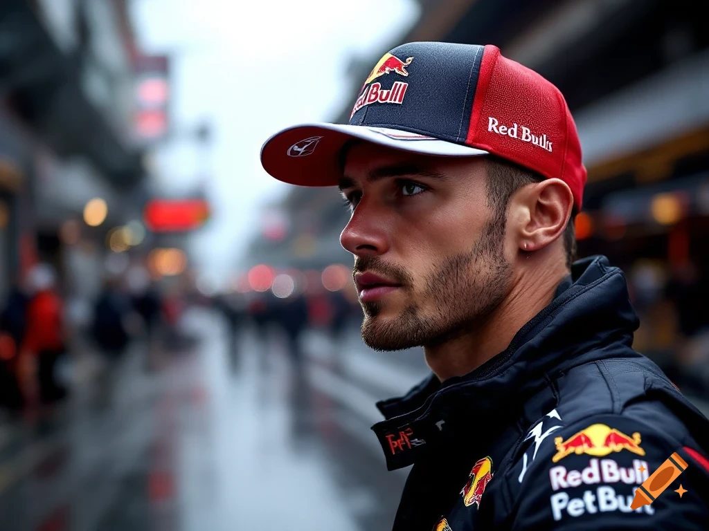 Close-up portrait of a man in a Red Bull racing cap and jacket outdoors on a wet street.