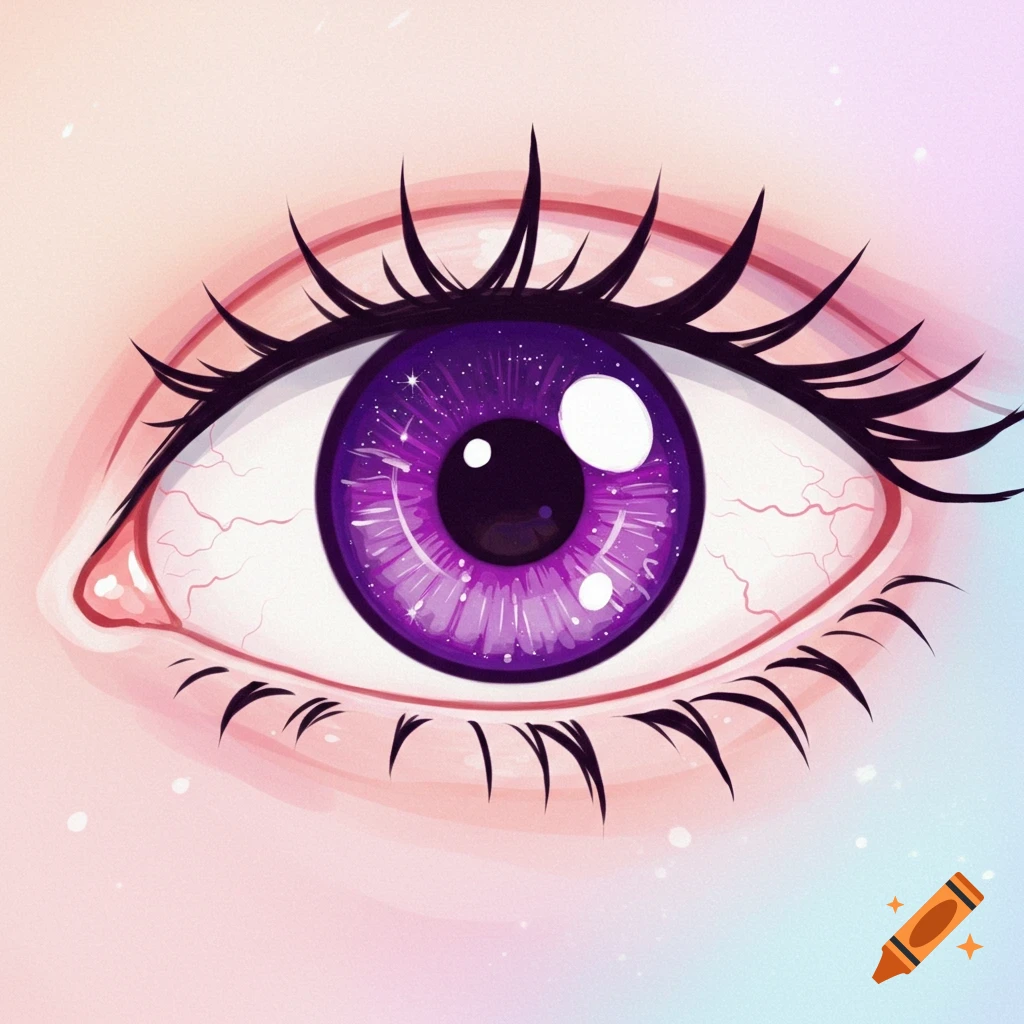 Stylized eye with purple galaxy iris and thick lashes