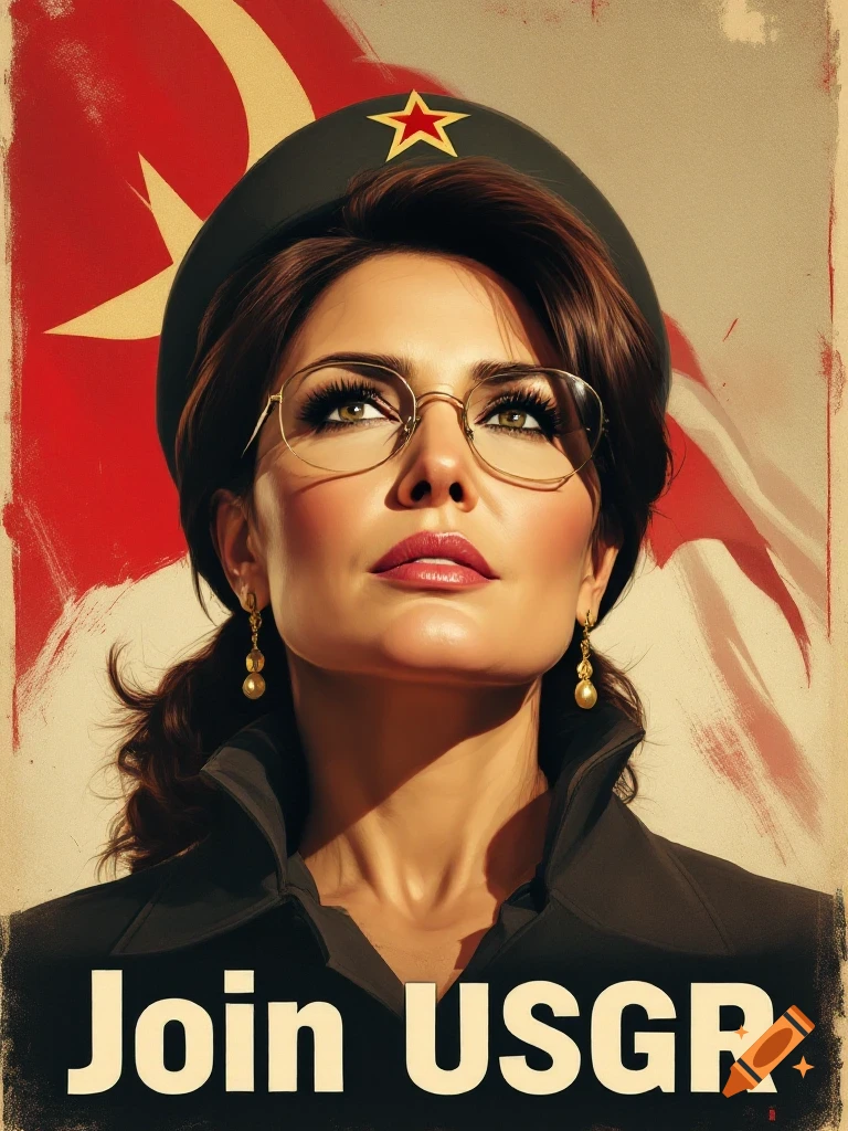 A woman in military attire and glasses looks up in a propaganda poster style, with a red and gold flag behind her. Text reads: Join USGR.