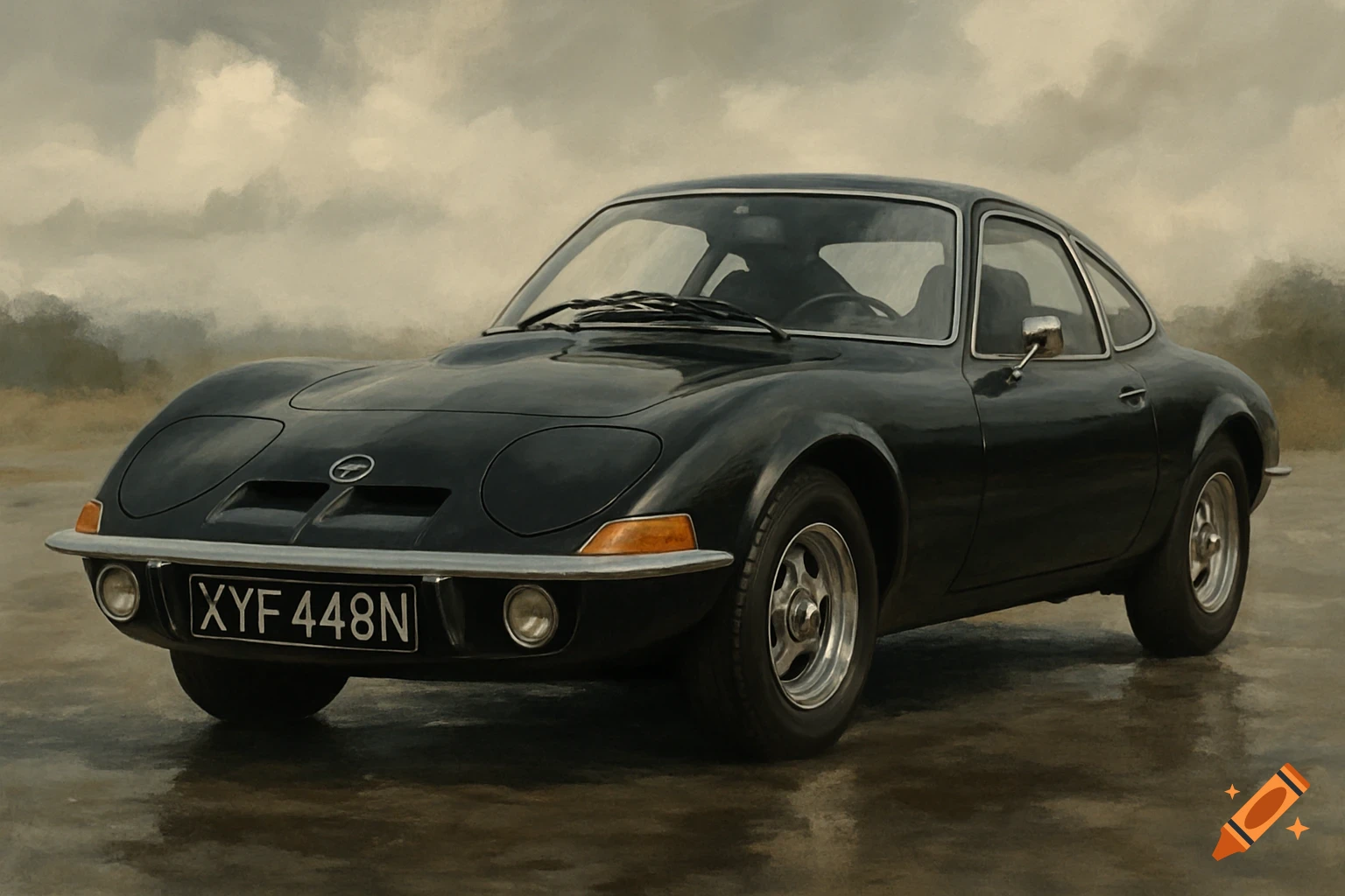 A black Opel GT sports car painted in an impressionistic style.