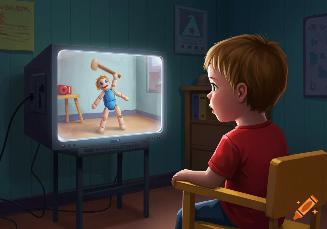 Illustration of a young boy watching a vintage TV screen showing a wooden doll with a hammer.
