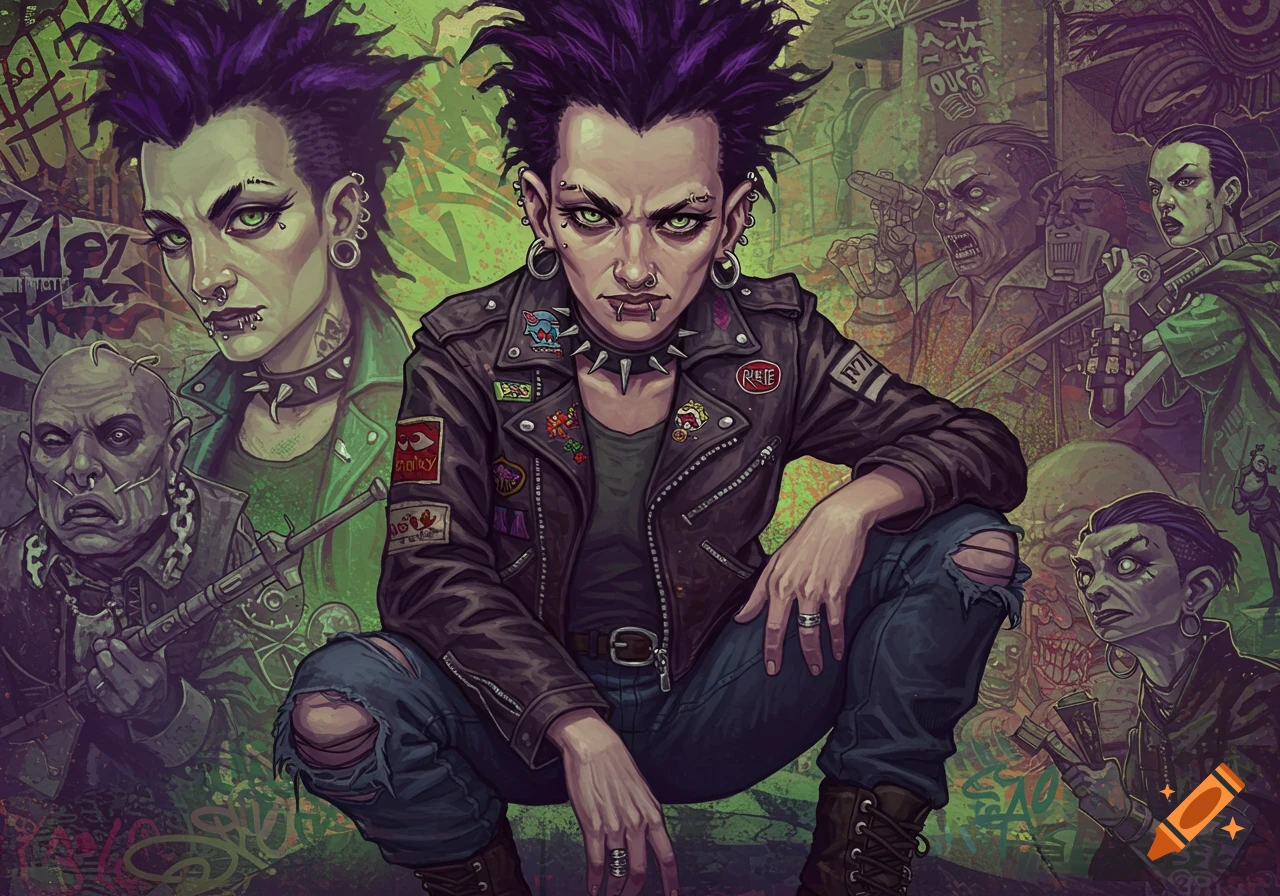 Stylized illustration of a punk person with purple hair squatting, surrounded by graffiti and grotesque figures.