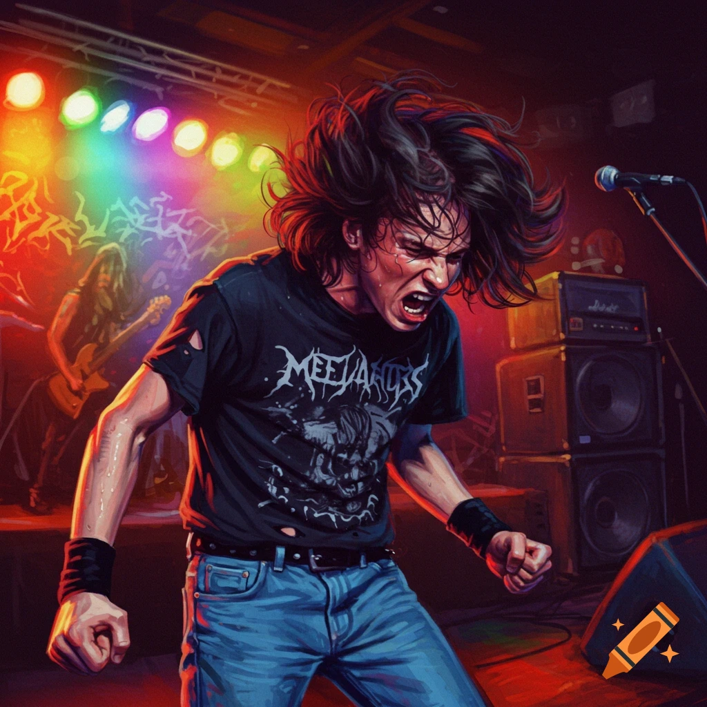 Person headbanging and screaming on stage during a metal concert, lights in background.