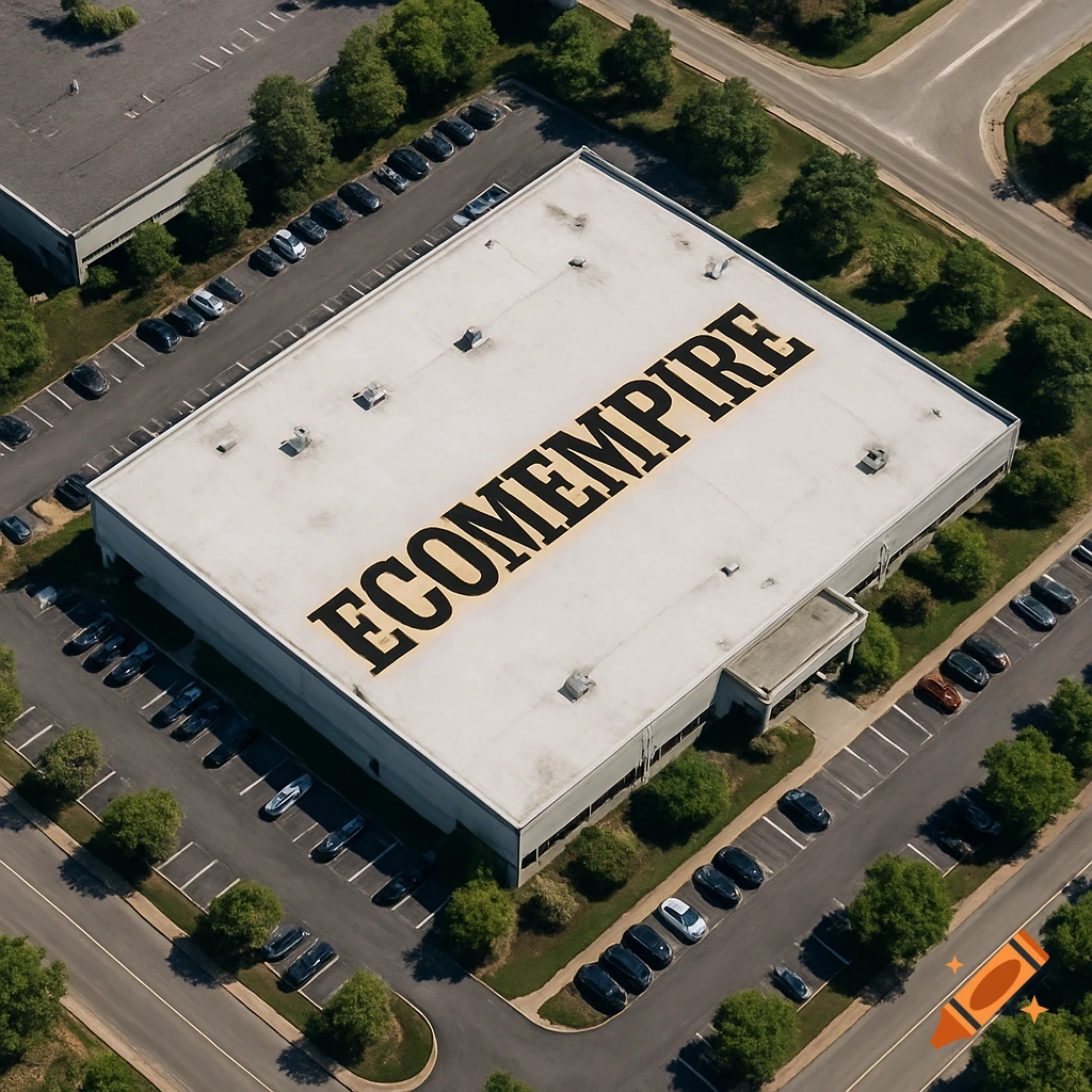Aerial view of a building with "ECOMEMPIRE" written on the white roof, surrounded by a parking lot and trees.