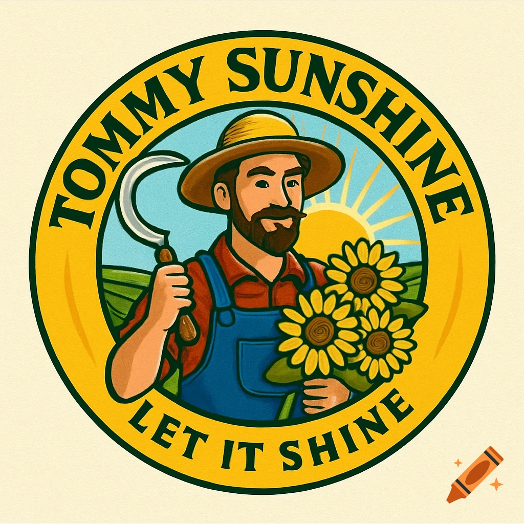 Farming logo with a farmer in overalls holding a sickle and sunflowers inside a yellow circle border with text.