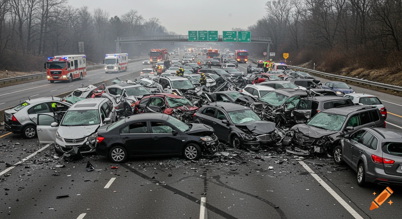 Large car pile-up on a highway with emergency vehicles present.