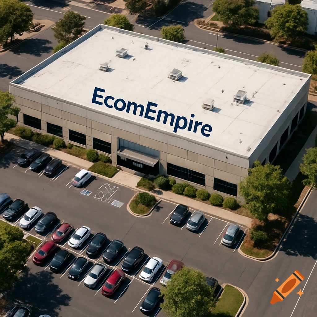 Aerial view of a large commercial building with EcomEmpire logo and a busy parking lot.