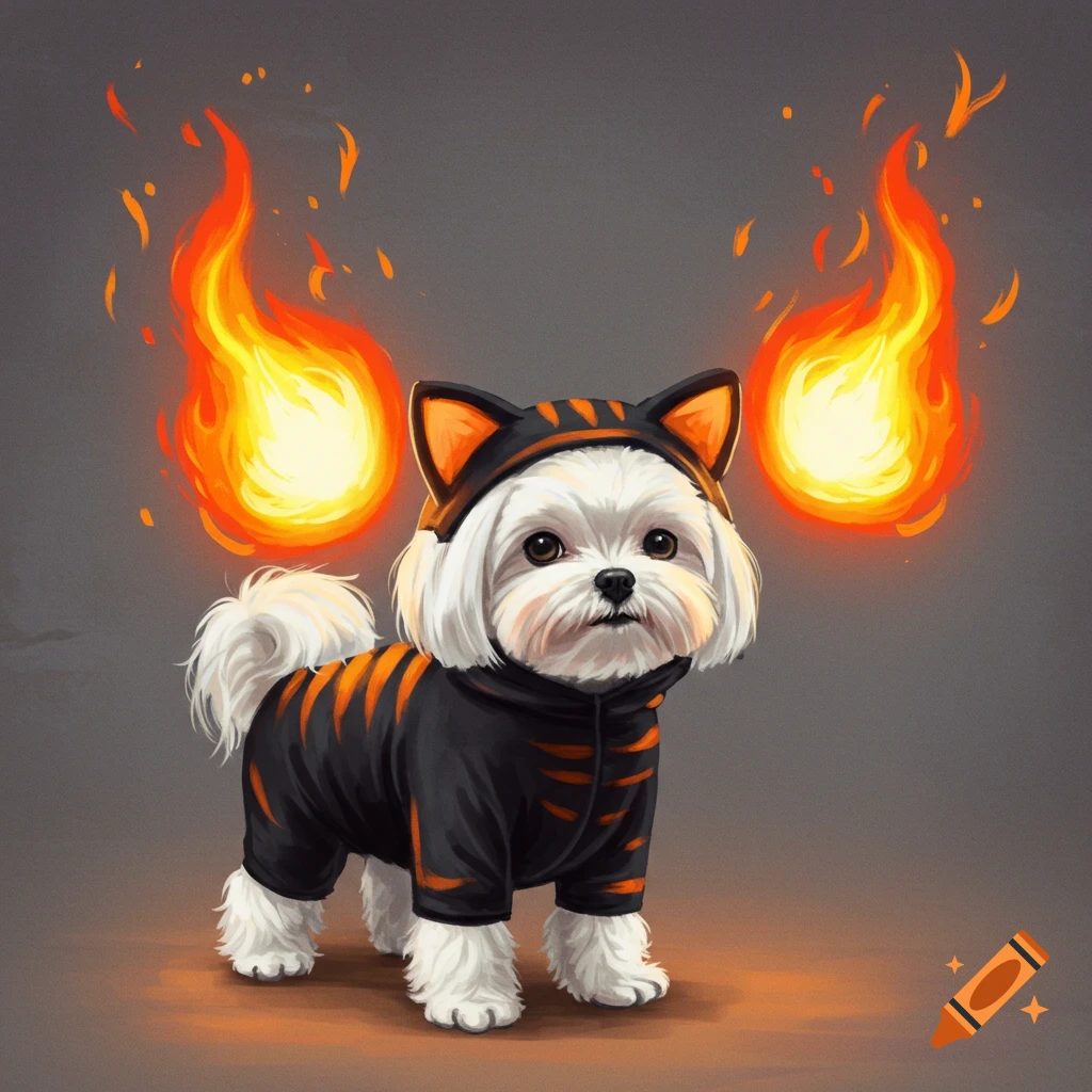 A Maltese dog wearing a black and orange striped costume with cat ears and flames coming out of its head.