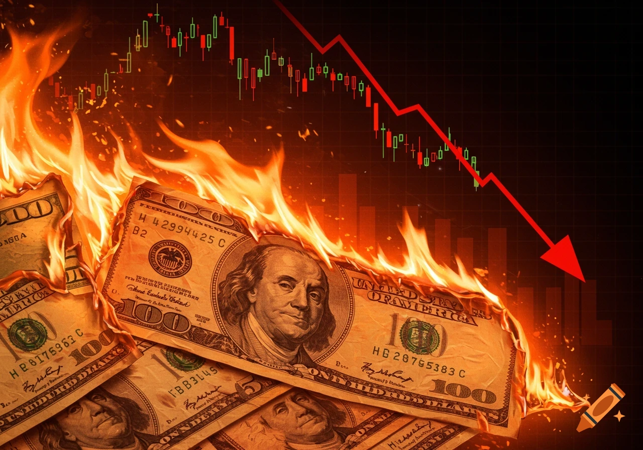 Burning money in front of a falling stock market chart.