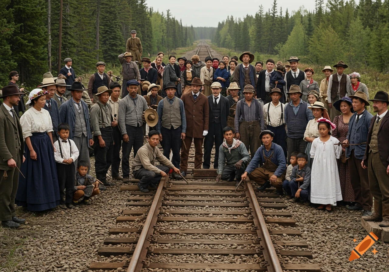 Large group of people, including many Asian workers, gather on railroad tracks in a forest clearing.