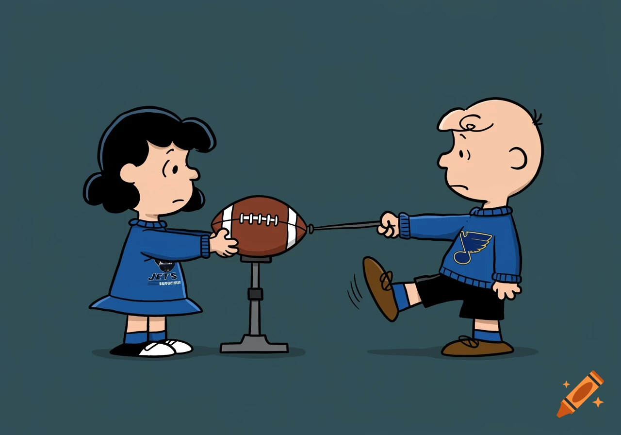 Cartoon of Lucy holding a football on a tee while Charlie Brown tries to kick it. Lucy wears a blue sweater with 'JETS WINNIPEG', Charlie Brown wears a blue St. Louis Blues sweater.