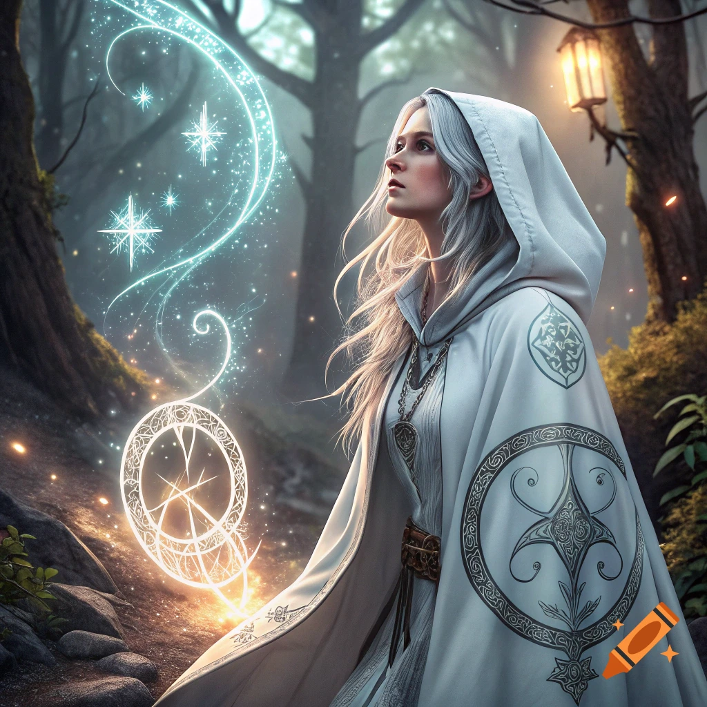 A woman in a white hooded cloak stands in a magical forest with glowing ...