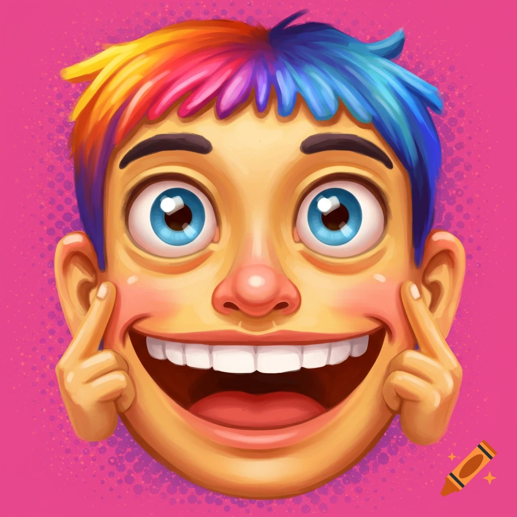 Stylized cartoon face with rainbow hair smiling widely