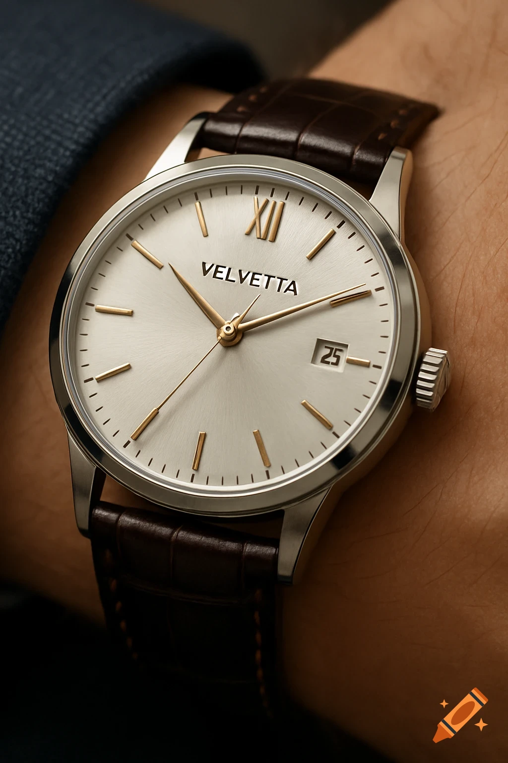 Close-up of a silver luxury watch with a brown leather strap on a wrist.