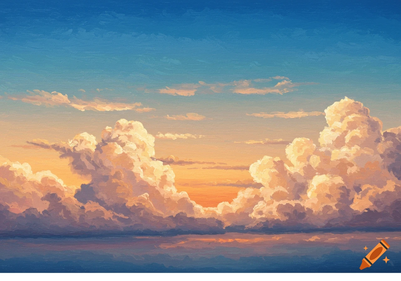 Oil painting of clouds at sunset reflecting on water.
