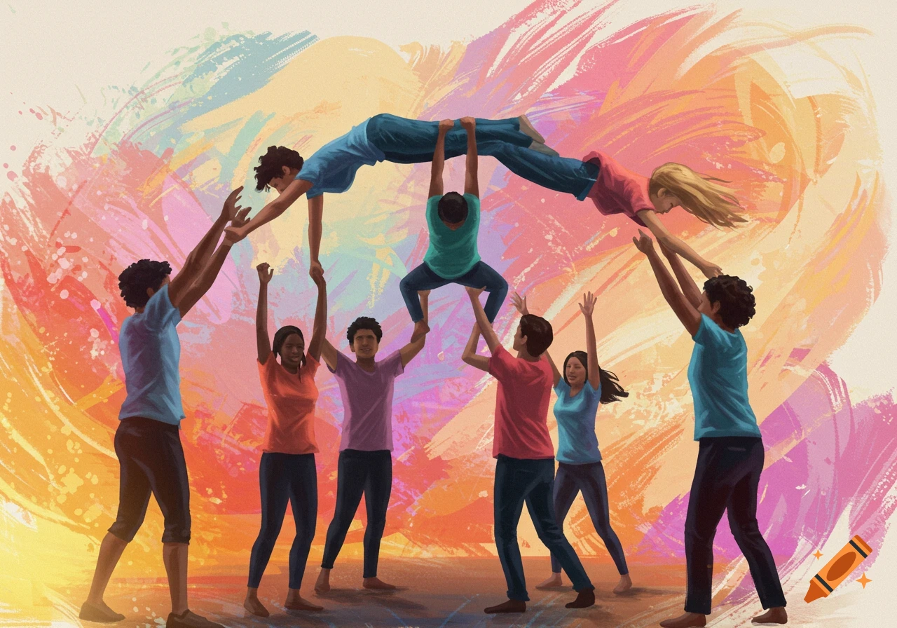 People form a human pyramid in an illustration with a colorful, abstract background.