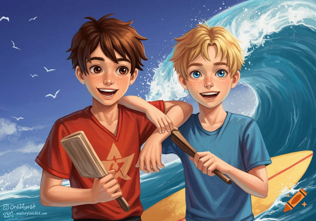 A cartoon illustration of two smiling boys holding paddles or sticks, standing by a large wave with a surfboard under a blue sky.