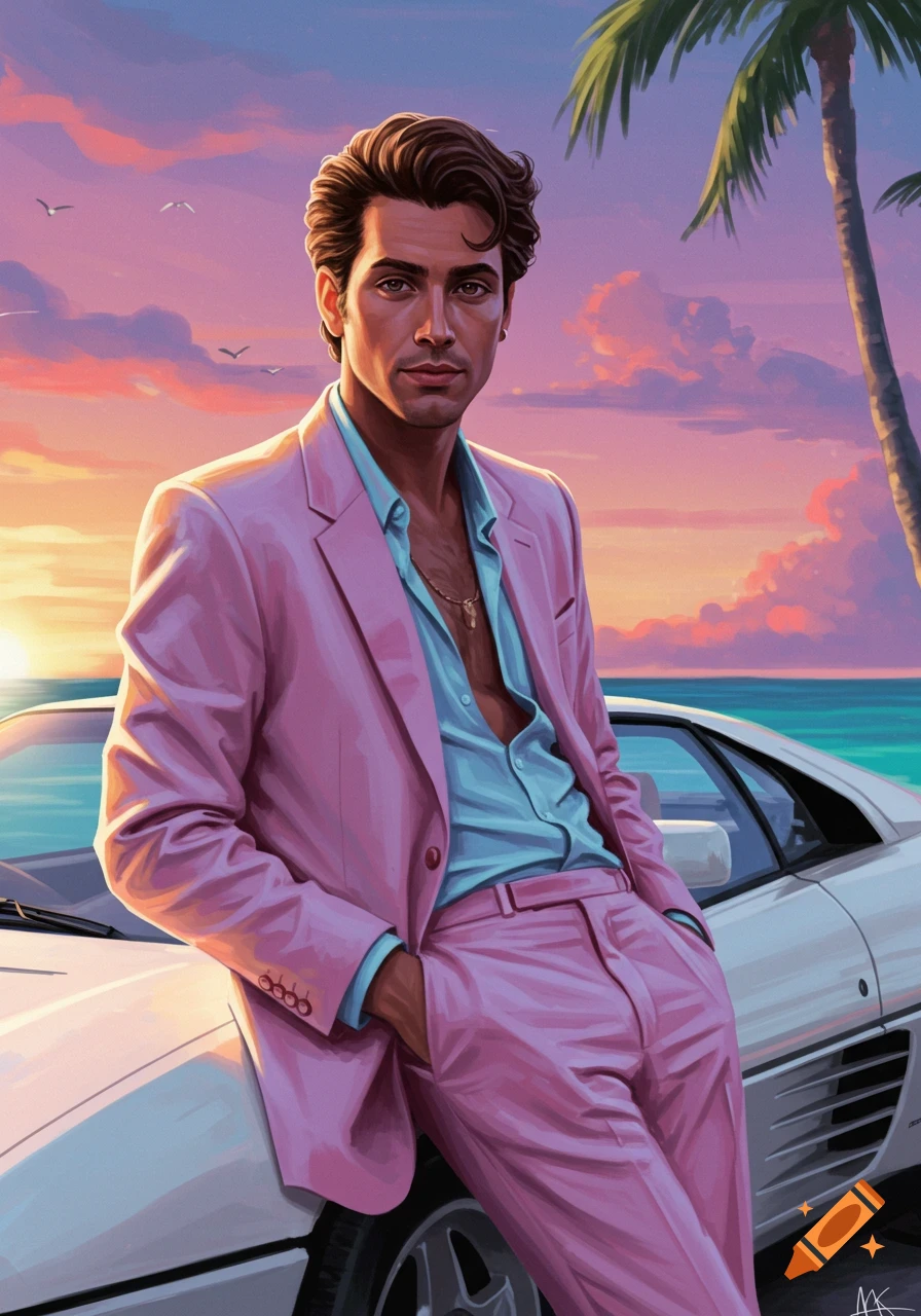 Man in pink suit leaning on a white car at sunset, retro style illustration.