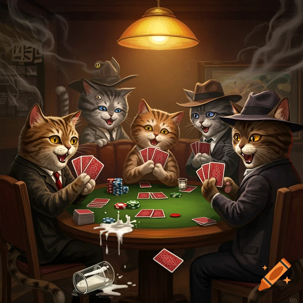 Stylized illustration of anthropomorphic cats in suits playing poker at a table in a smoky room.