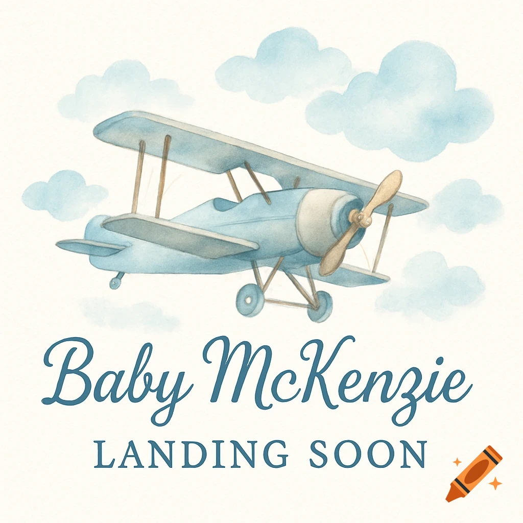 Watercolor illustration of a blue biplane in the sky with clouds and text "Baby McKenzie LANDING SOON".