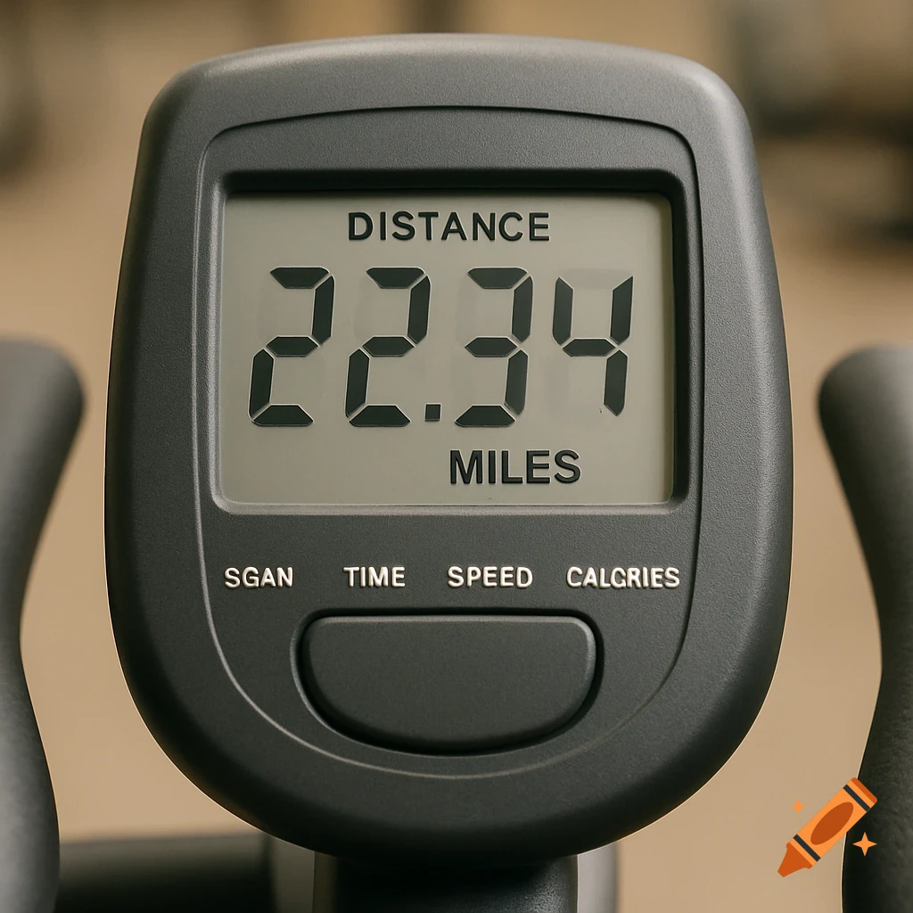 Close-up of an exercise bike display showing 22.34 miles