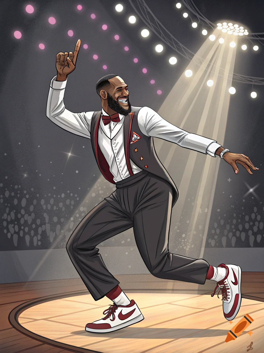 Illustration of a man resembling LeBron James tap dancing on a stage under spotlights.