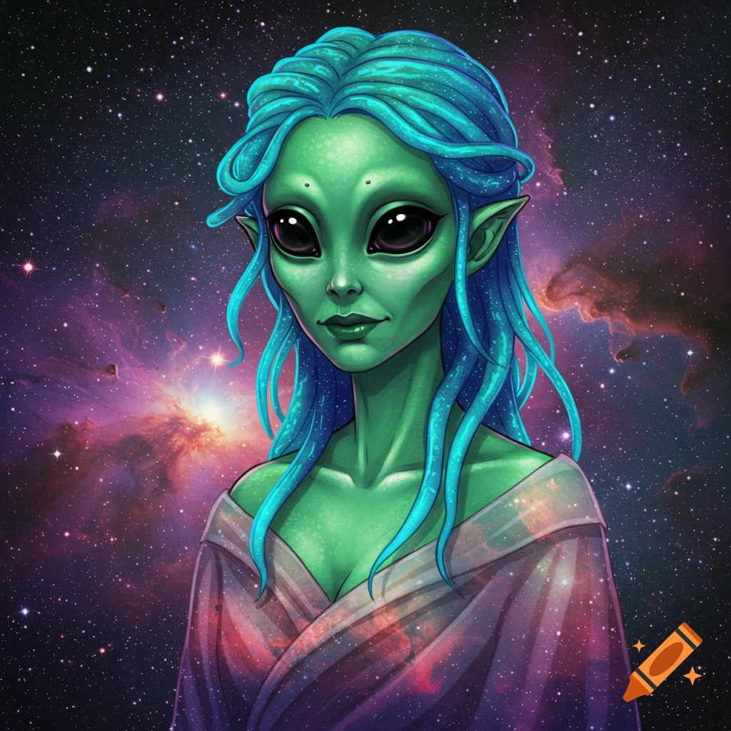 Portrait of a green alien with blue hair against a space background.