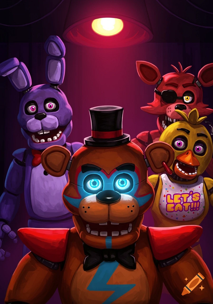 Glamrock Freddy, Bonnie, Foxy, and Chica from FNAF under a spotlight.