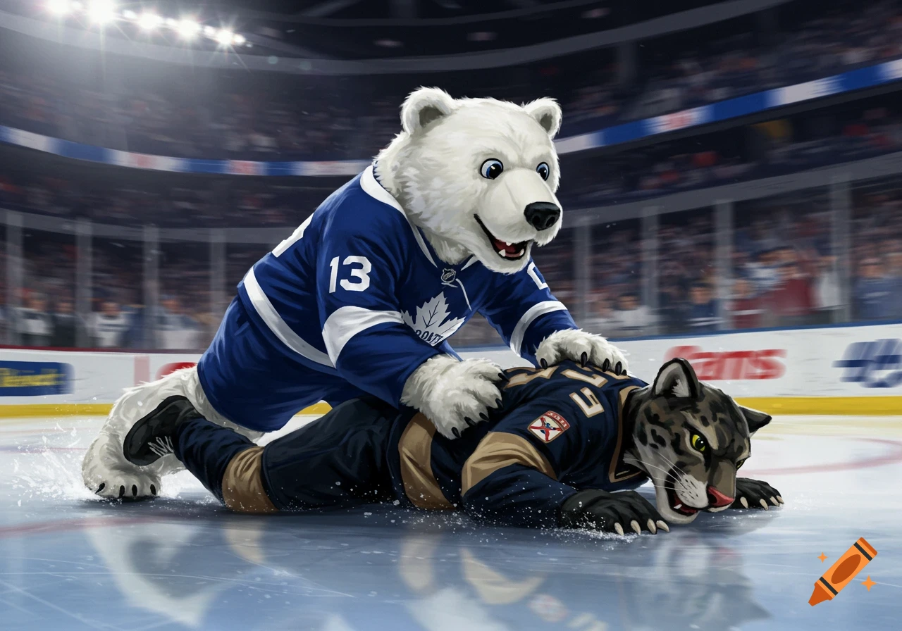 Polar bear mascot in hockey jersey wrestling panther mascot on ice in arena, digital painting.