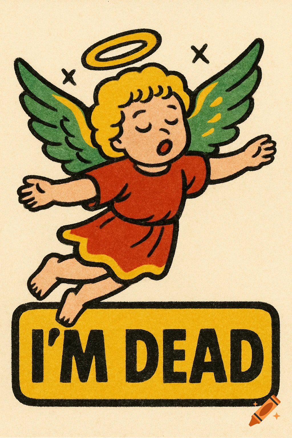 Cartoon drawing of a flying angel above a yellow sign reading "I'M DEAD".