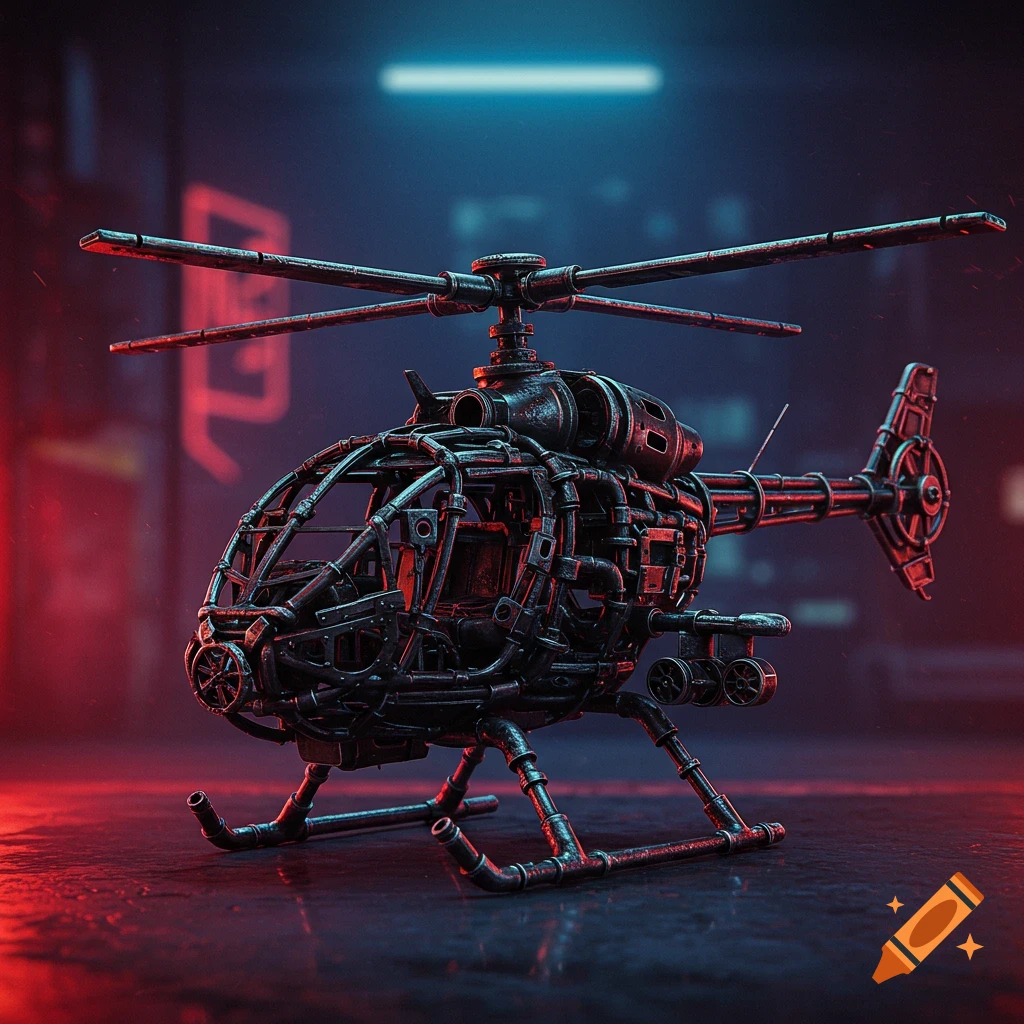 A detailed helicopter made of pipes and pipe fittings in a cyberpunk setting with neon lights.