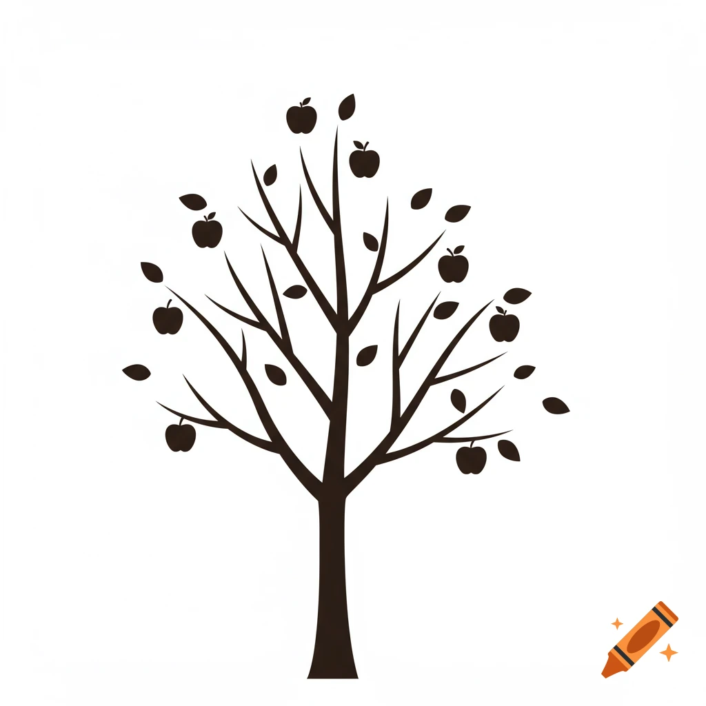 A simple silhouette of an apple tree with apples and leaves on a white background.