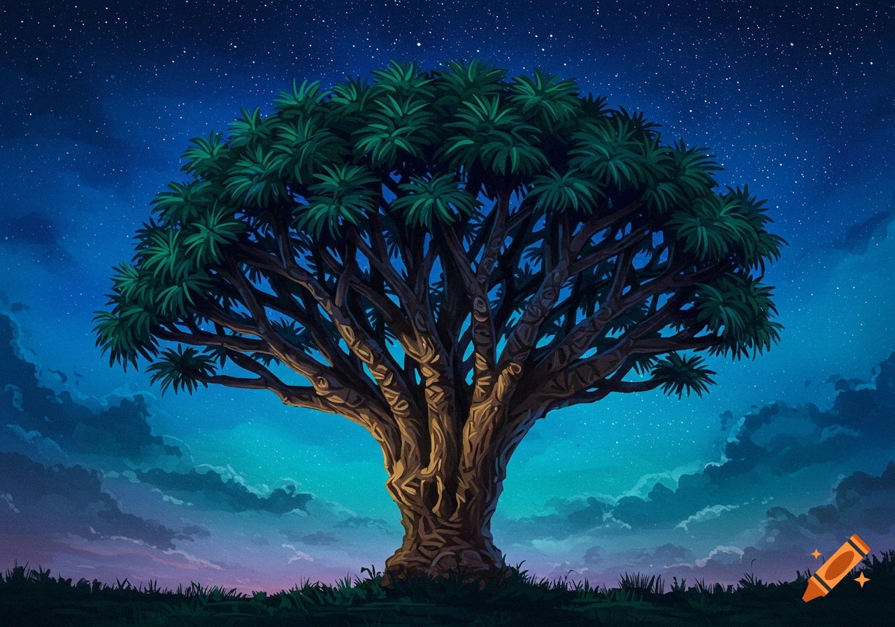 A large tree with scaly bark and palm-like leaves under a starry blue night sky.