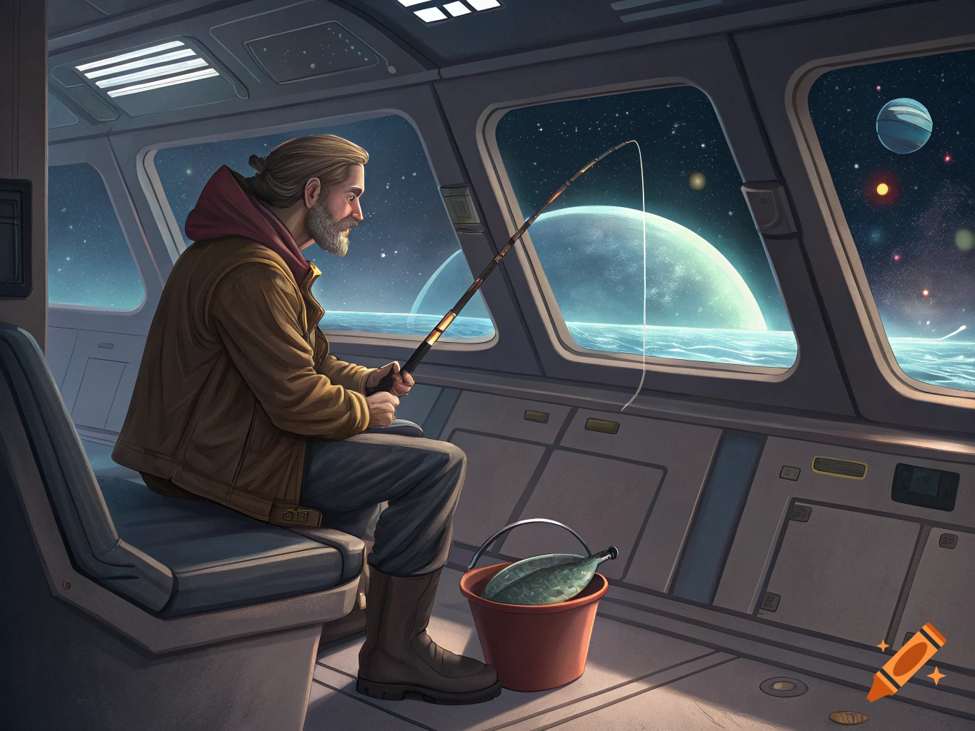 Man fishing inside a spaceship looking out at planets and stars
