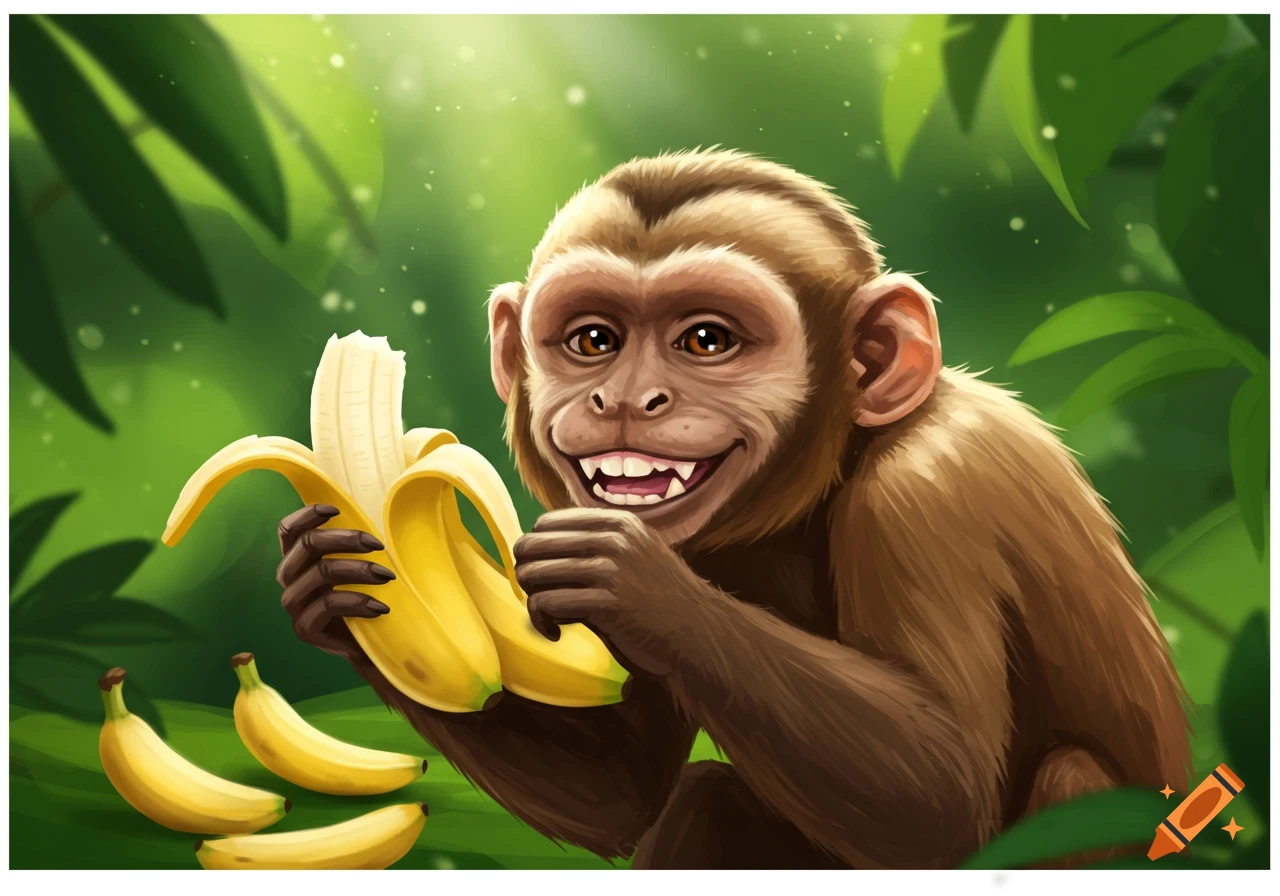 A cartoon monkey happily peeling and eating a banana in a jungle.