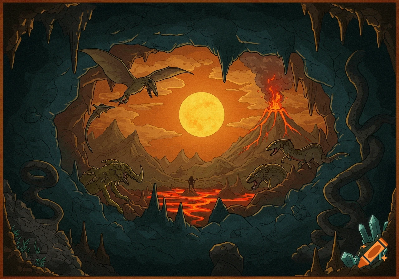 Stylized prehistoric scene in a cave with dinosaurs, a volcano, lava, giant sun, and a human figure.