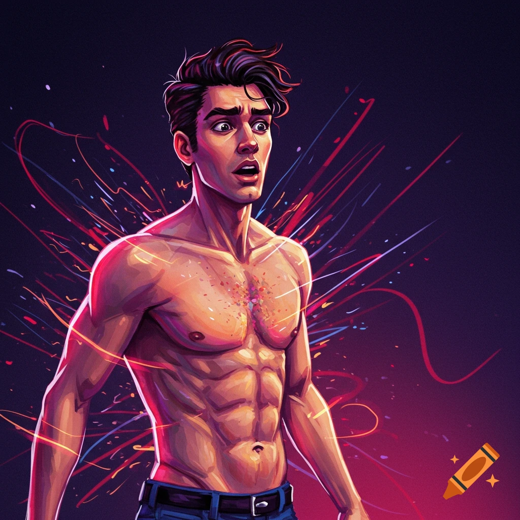 Illustrative portrait of a surprised shirtless man with abs and jeans against an abstract energy background.