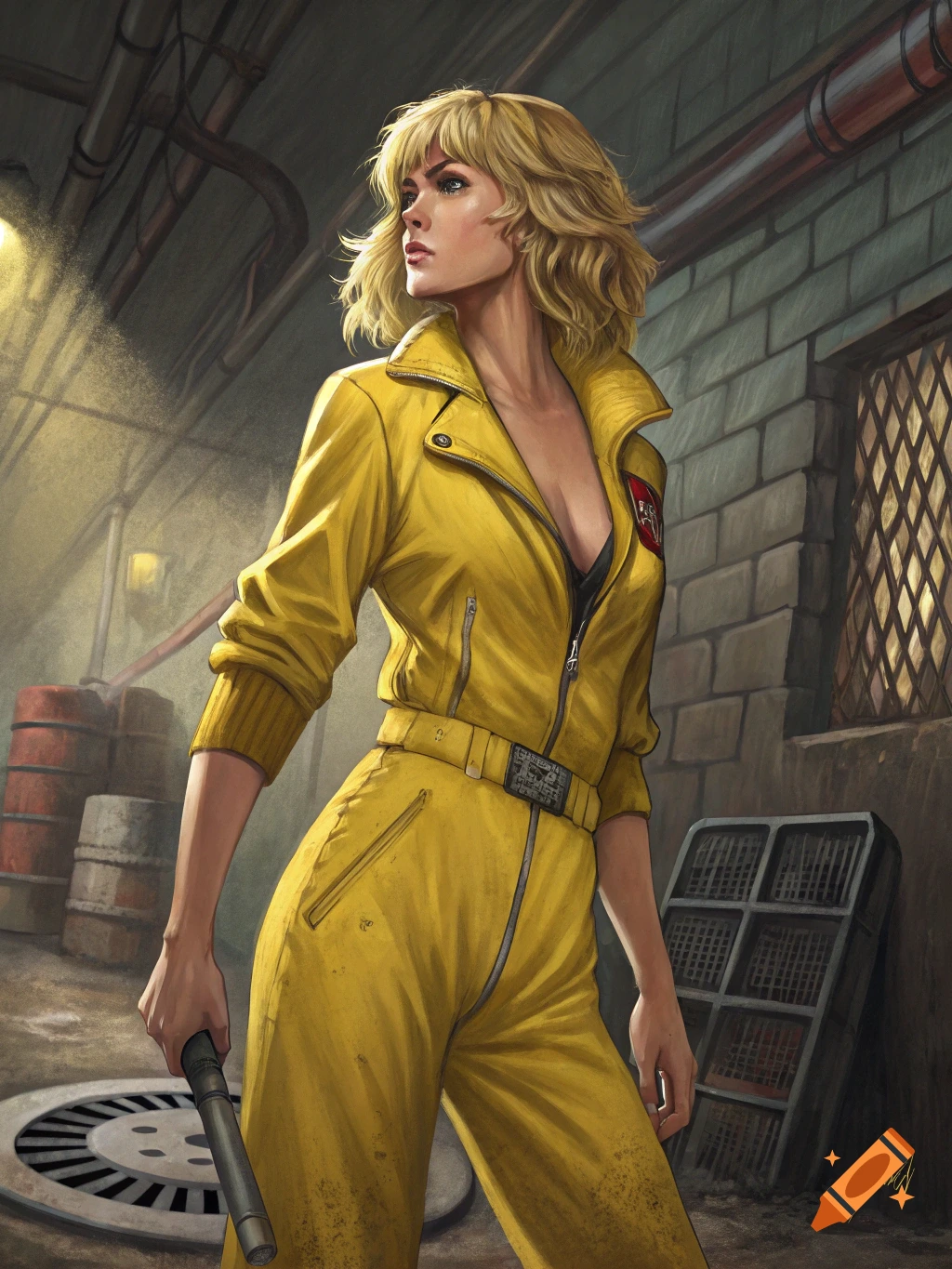 Illustration of a woman in a yellow jumpsuit in a sewer holding a staff.