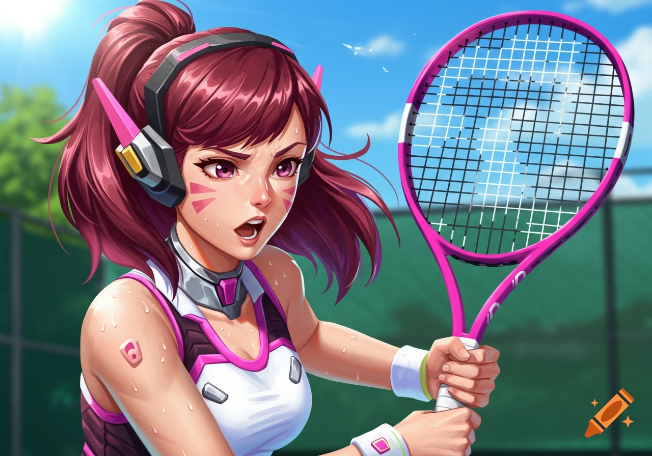 D.Va from Overwatch playing tennis, anime style