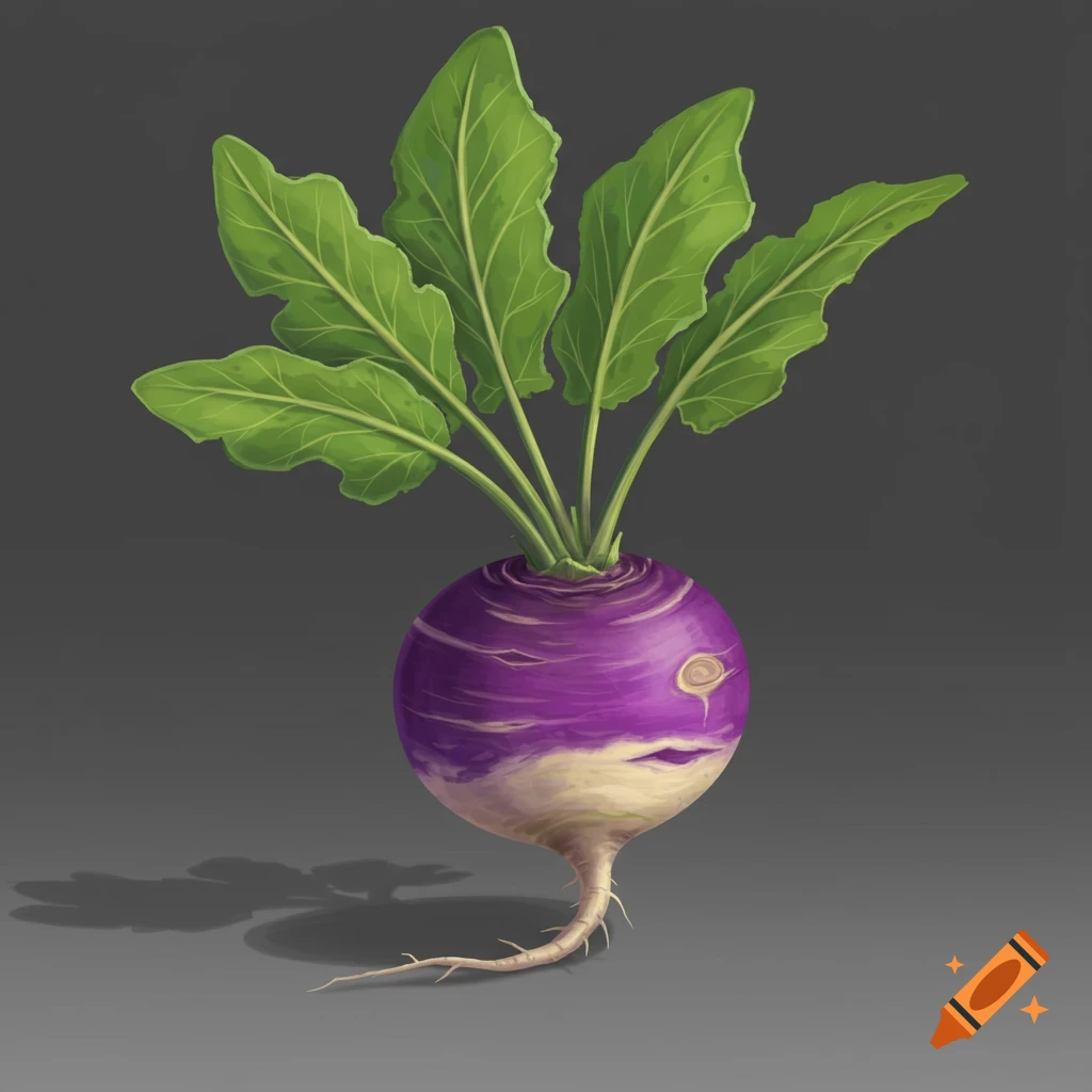 An illustration of a turnip with purple skin and green leaves.