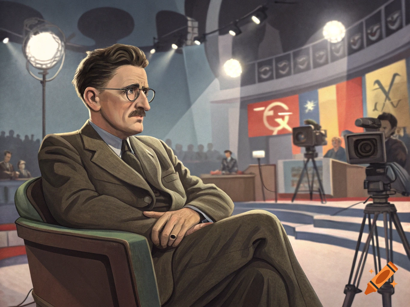 Man resembling George Orwell seated in a TV studio during a broadcast.