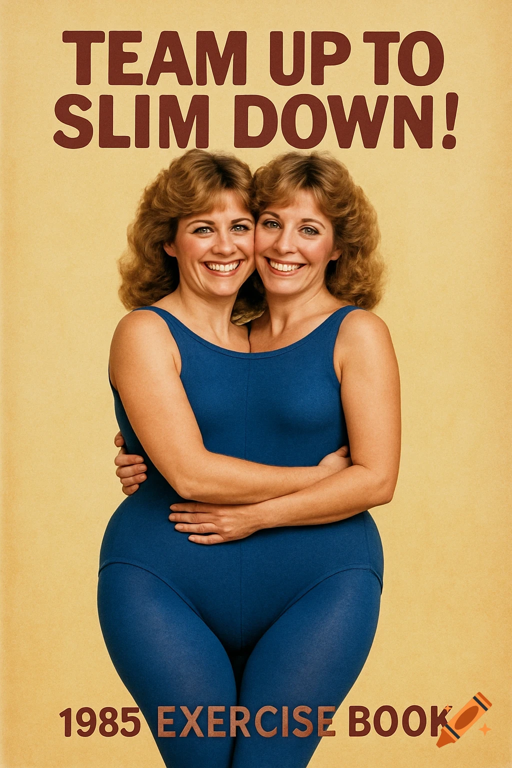 Vintage exercise book cover 'Team up to slim down!' with two women merged into one body.