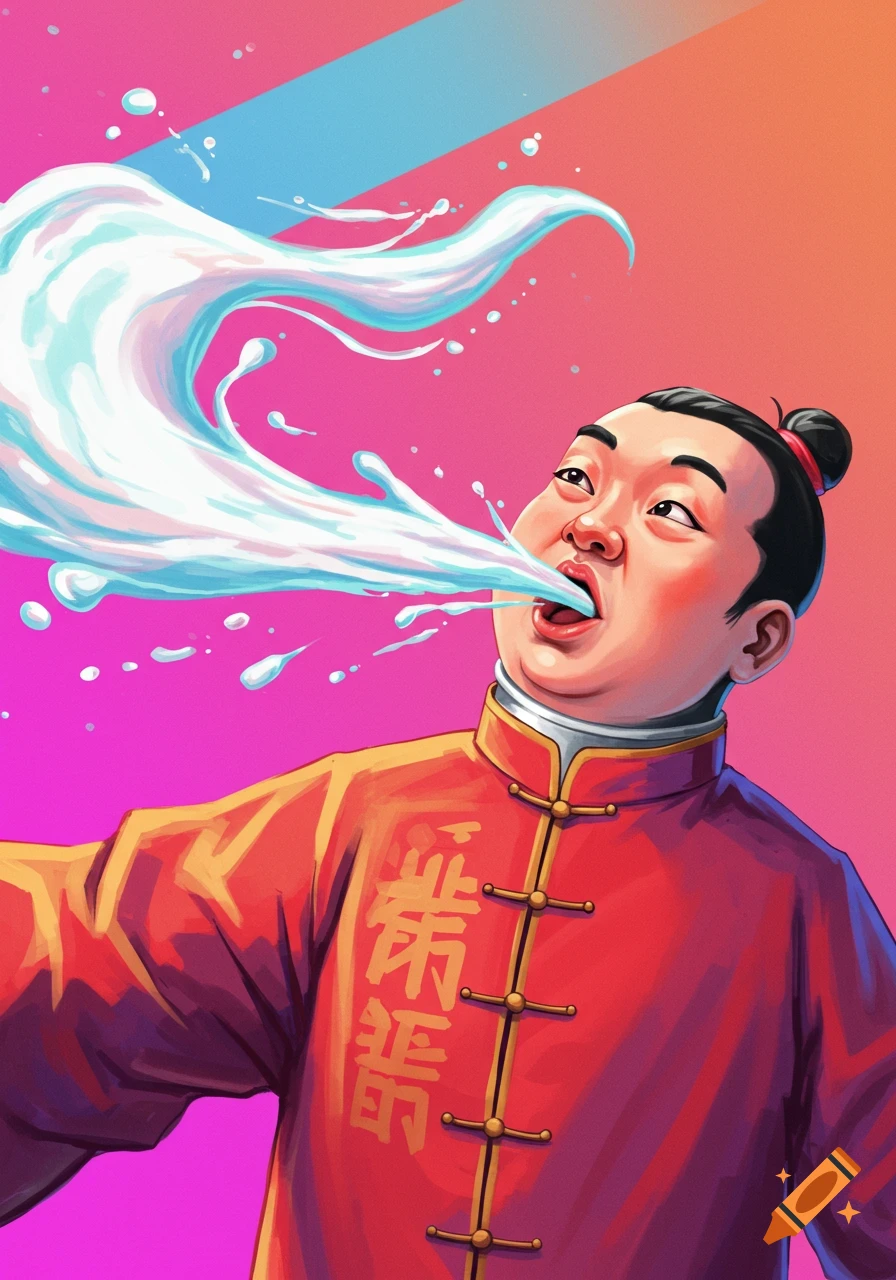 Illustration of a person in a red Chinese robe spitting out a large stream of water.
