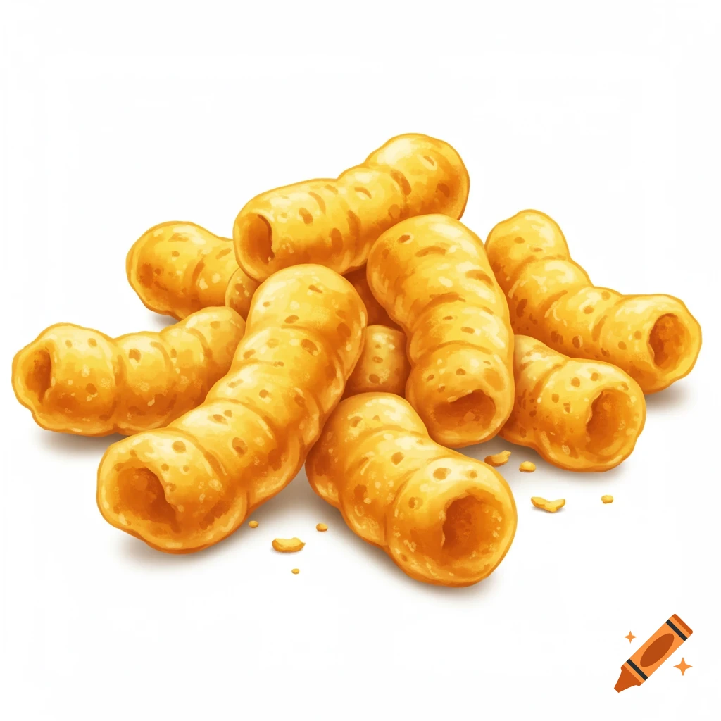A pile of tubular extruded potato chips resembling corn puffs on a white background.