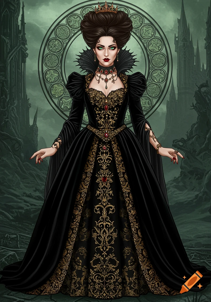 A queen in an elaborate black and gold gothic dress stands in a dark, crumbling castle setting.