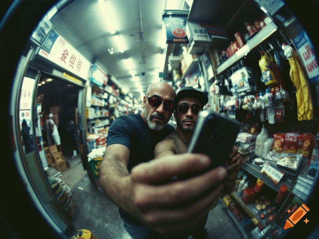 Two men take a fisheye lens selfie in a grungy analog photo style inside a store.