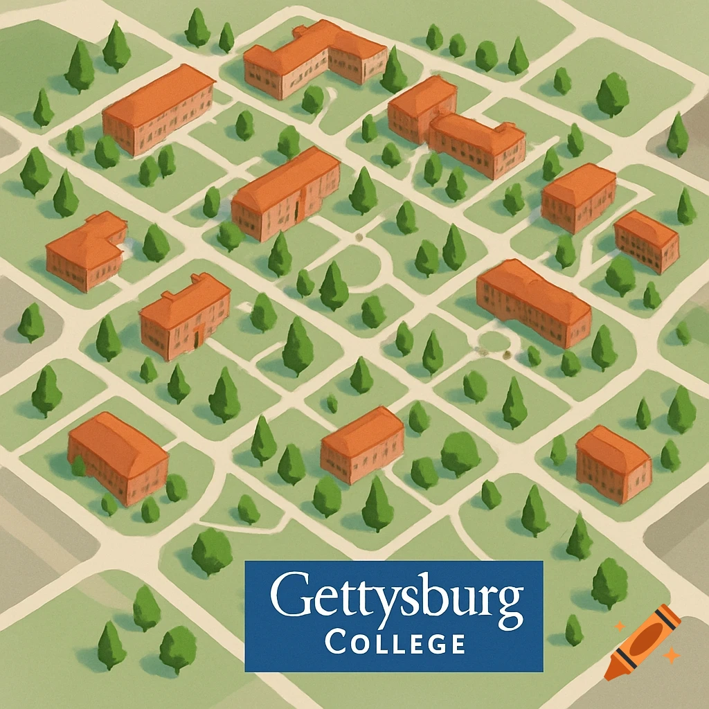 Illustrated isometric map of a college campus with buildings, trees